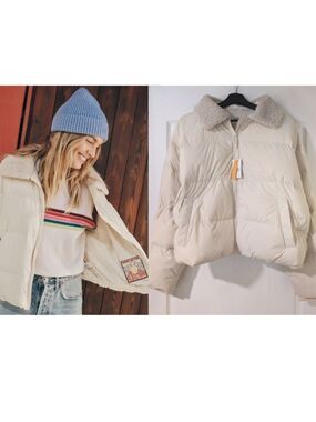 Marine Layer | Charlotte Crop Puffer Jacket In Antique White
